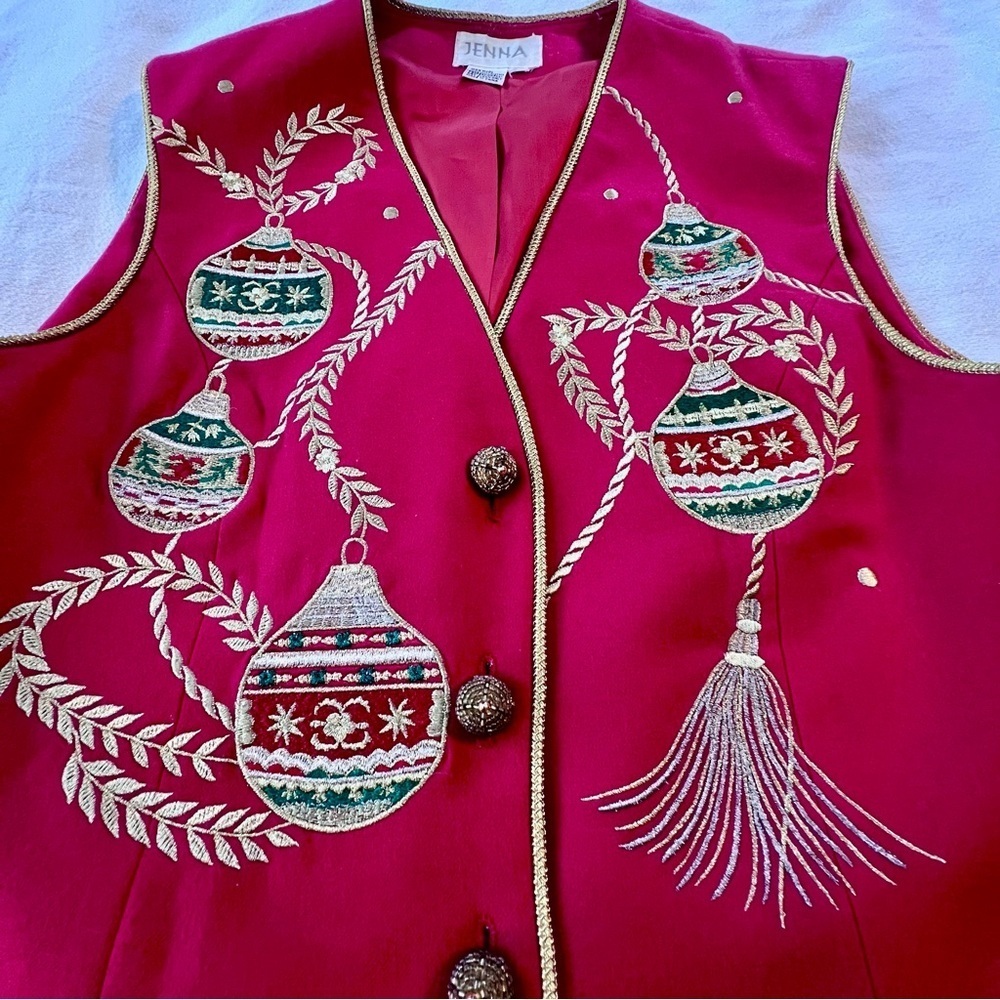 Jenna VTG 100% Wool Embroidered‎ Appliqué Christmas Ornament Button Vest Red L - Picture 11 of 16